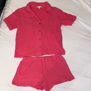 Womens Red Two-Piece Beach Set - Lightweight Short Sleeve Top & Shorts